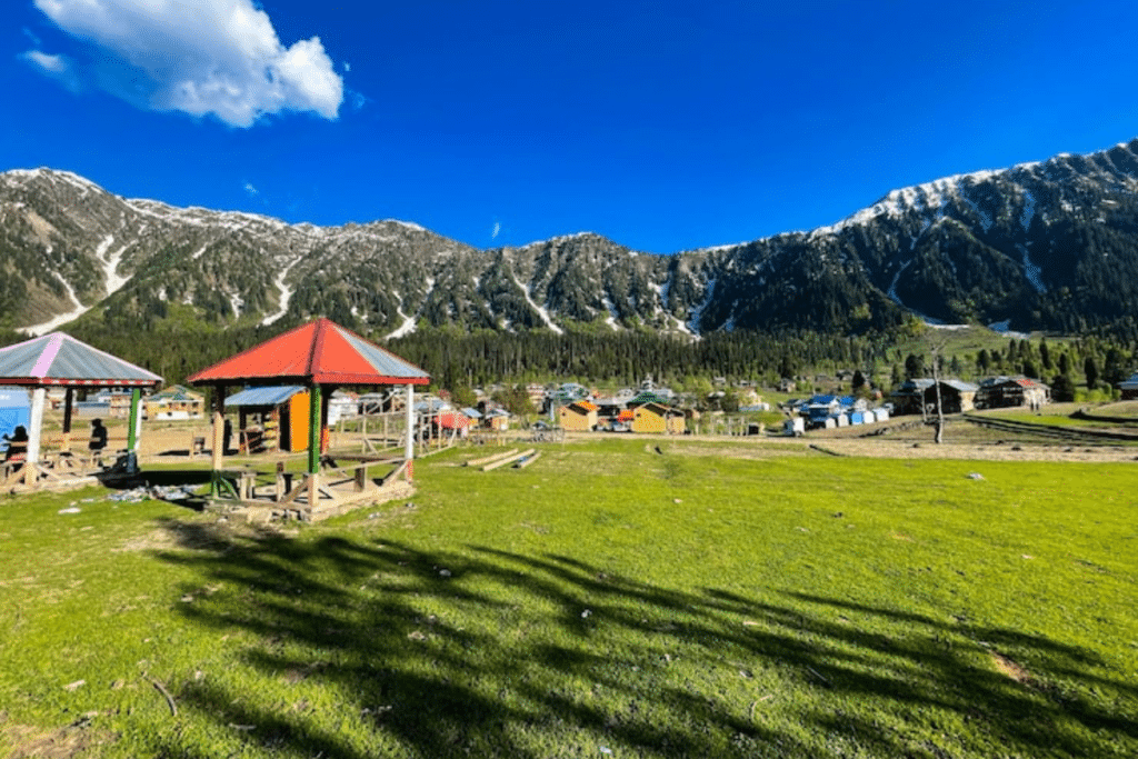 Scenic view of a traditional wooden house in Arang Kel village,Neelum Valley surrounded by lush green meadows
