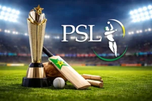 Cricket equipment representing PSL 11 Draft in stadium